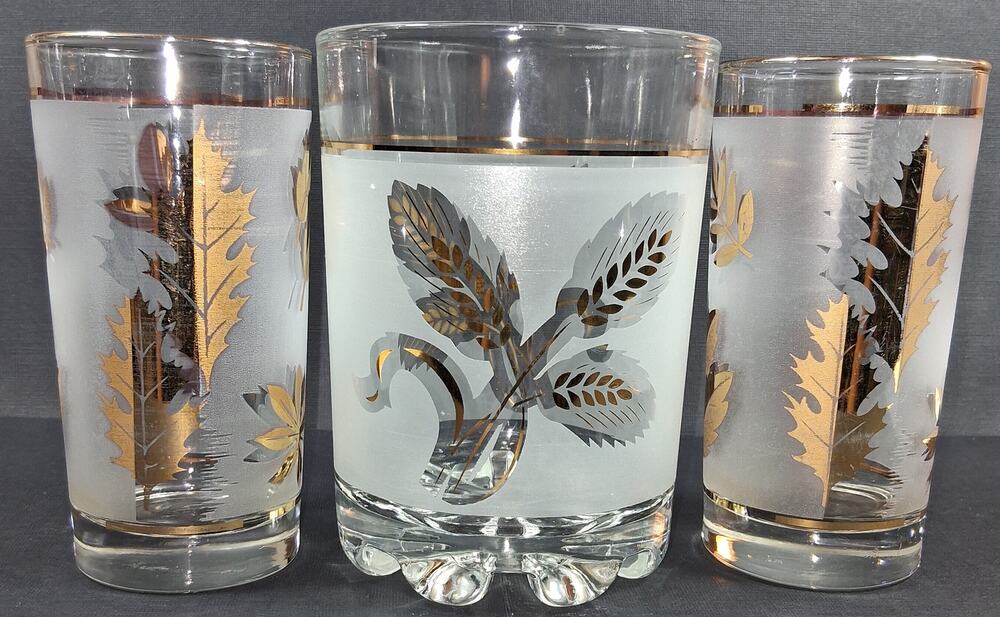 MCM Hollywood Regency Frosted Gold Barware Set DeValBor Bucket Libbey Glasses